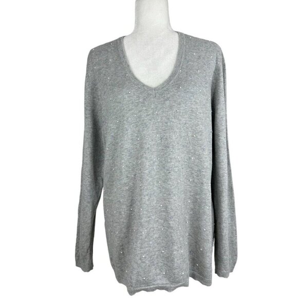 Tommy Hilfiger Women’s Gray V-Neck Y2K Designer Beaded Tunic Knit Sweater XL/C44 - Picture 1 of 11